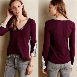 Anthropologie Little Yellow Button Burgundy v neck